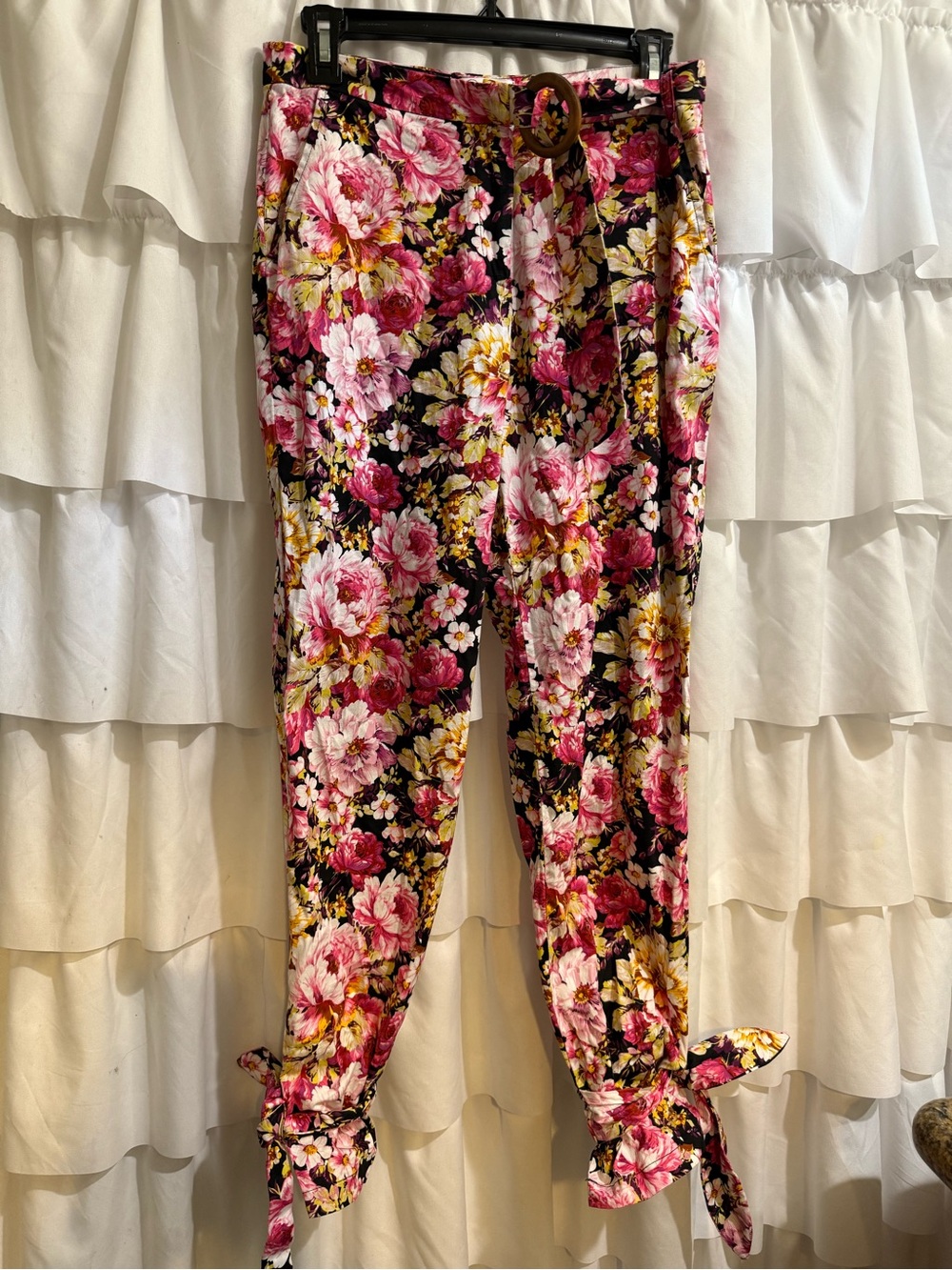 Lulumari Floral Ankle Tie Cropped Pants in Pink, Black & Yellow